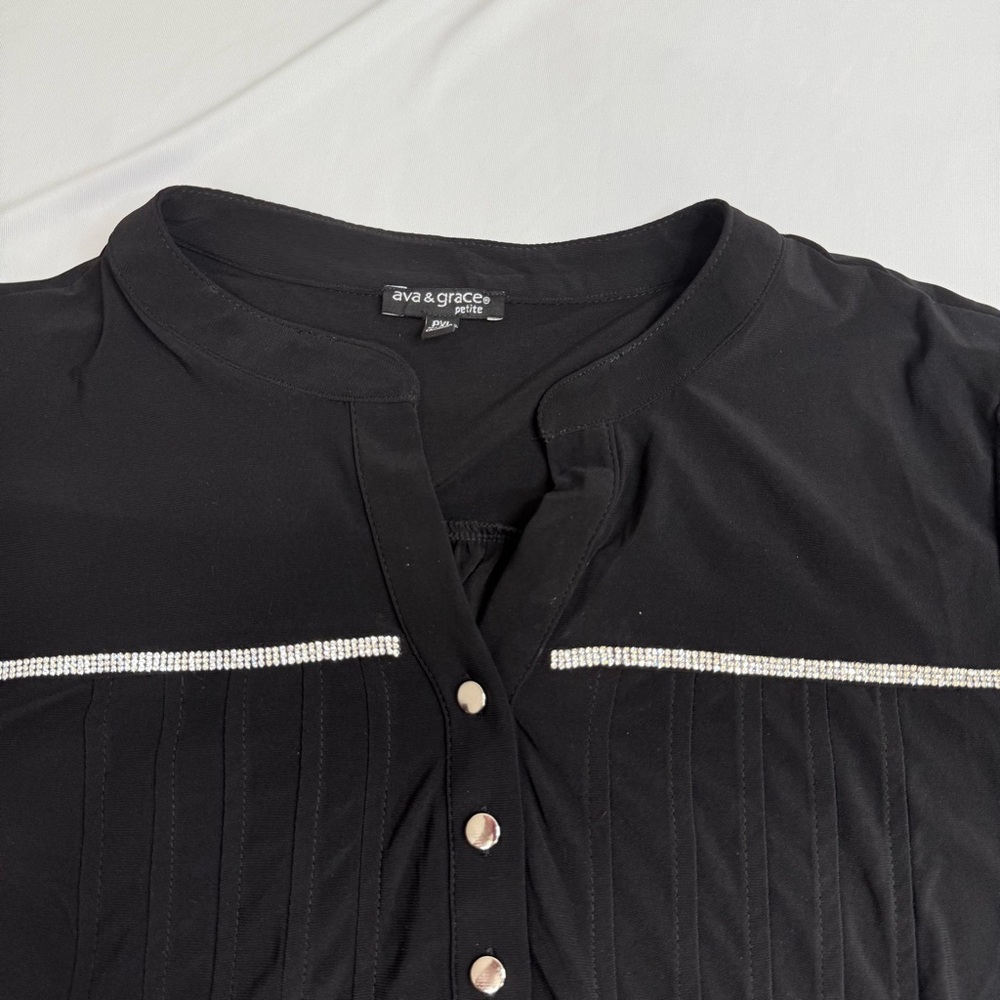 Ava & Grace Knit Black Blouse with Button Detail, Rhinestones, Rolled sleeves - Picture 4 of 9